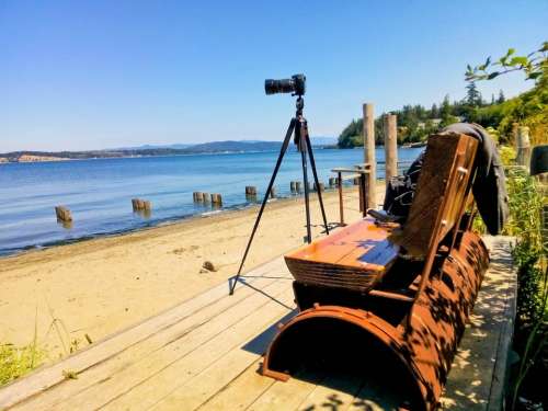 Anacortes beach boardwalk camera bench