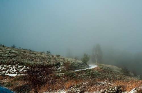 landscape road autumn snow fog