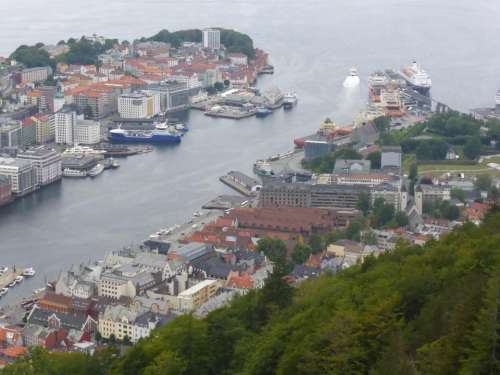 Norway Bergen port aerial view from funicular railway
