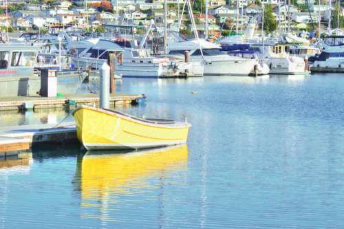 Yellow boat marina water ocean