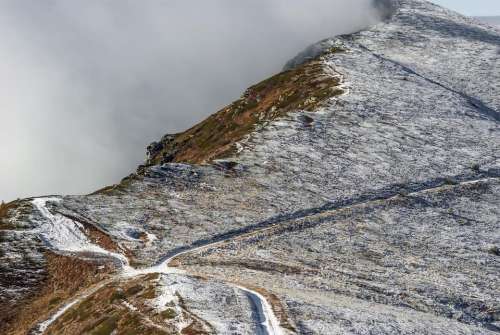 crossroads mountain snow fog autumn