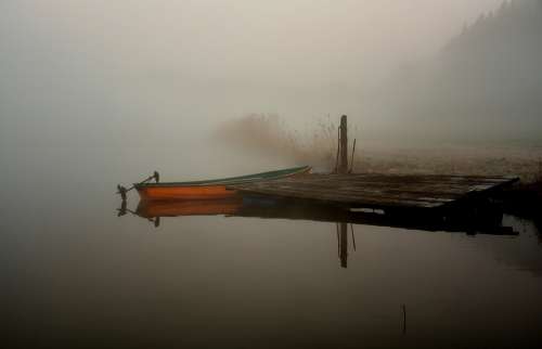 Boat Water Lake Sunrise Mood Fog Lighting