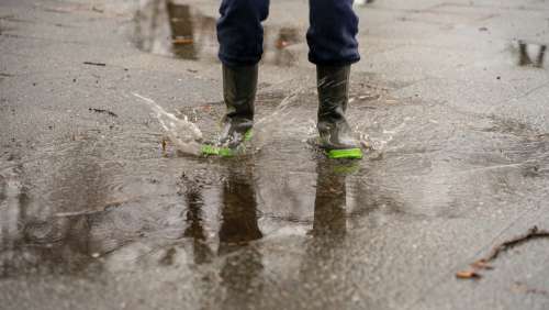 Boy Rain Boots Girl Pool Dirty Rain Wet Water