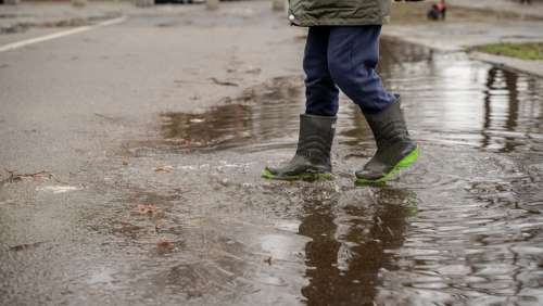 Boy Rain Boots Girl Pool Dirty Rain Wet Water