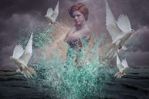 Fantasy White Dove Icebergs Woman Water Splash