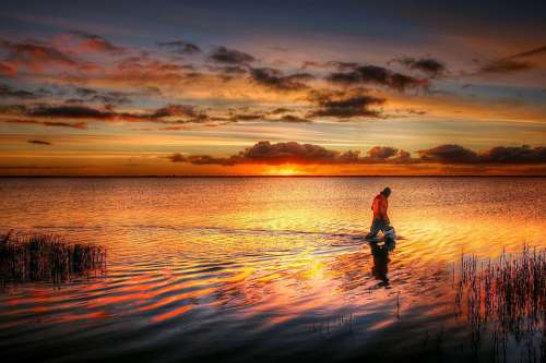 Fisherman Sunrise Water Fishing Sea Sky Nature