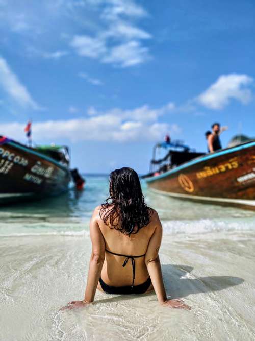 Girl Sitting Sea Thailand Ocean Water Beach