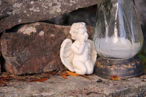 Grave Angel Sculpture White Autumn Lantern