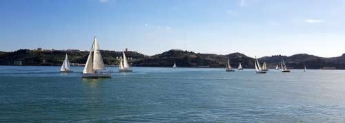 Lisbon Portugal Sailing Boats Sails Sea Skyline