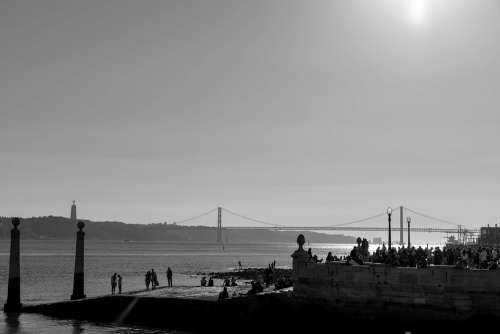 Lisbon Bridge Sunset Tejo Portugal Black White