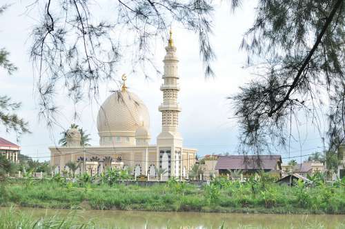 Mosque Landscape Nature Green Clouds Tree Water