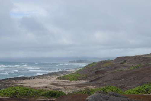 Ocean Beach Rocks Sand Plants Cloudy Wind