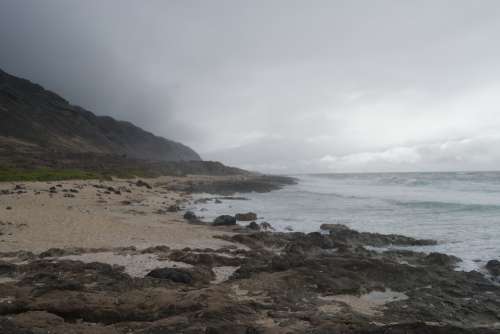 Ocean Beach Rocks Sand Plants Cloudy Hawaii