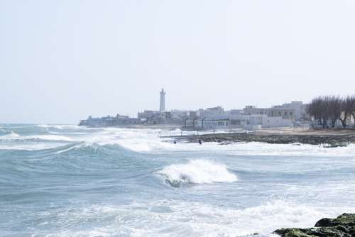 Sea Lighthouse Waves Rocks Storm Wind Nature