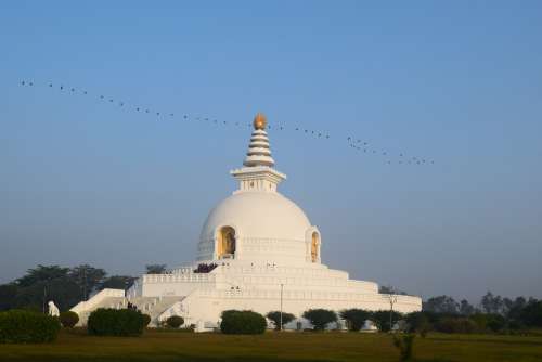 Stupa Bouddha Birds Sky Green Nepal Lumbini