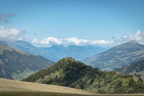 Switzerland Adelboden Alpine Mountains Green Sky
