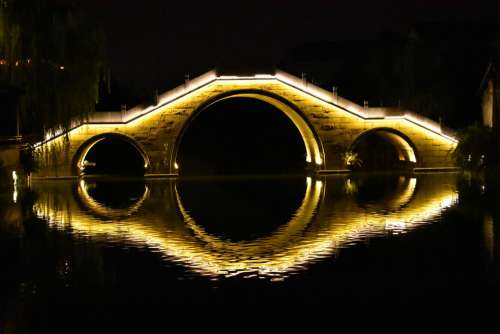 The Ancient Town Night View Bridge Symmetry River