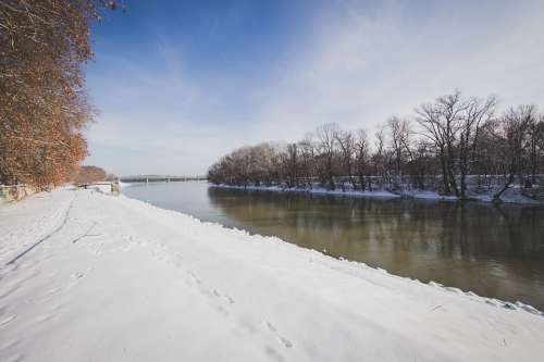 The Danube Snow Winter River Cold Sunshine Sky