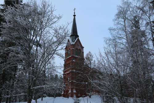 Winter Church Landscape In The Forest Building