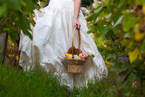 Woman Girl Dress White Basket Fruit Apple Pear