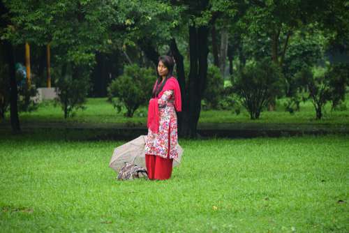 Woman Umbrella Green Girl Nature Young Color Red