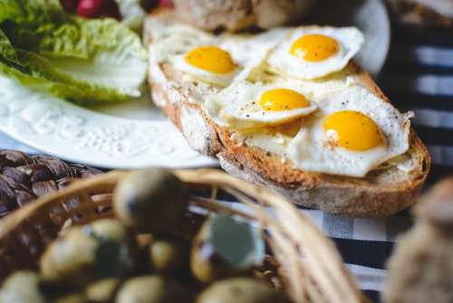 Fried quail eggs on bread with butter detail