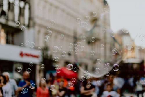 A show of soap bubbles on Piotrkowska Street in Łódź, Poland