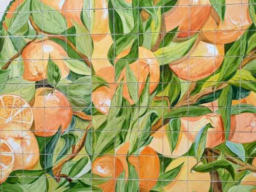 mural orange flowers green tiles art