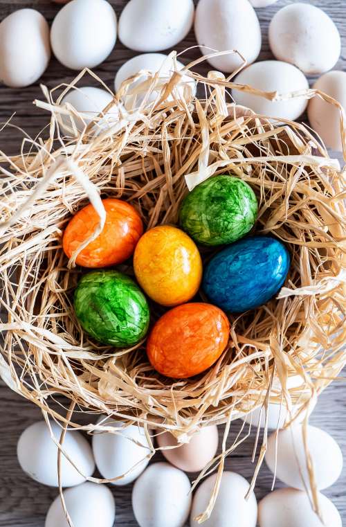 White Eggs and Colored Easter Eggs Vertical
