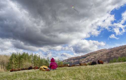 Boy Kite Stormy Innocent Kid Fun Outside