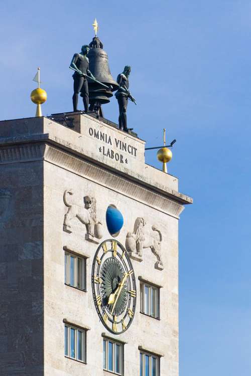 Leipzig Building Tower Clock Bell Statue
