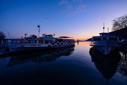 Port Boat Twilight Reflection Sunset Color Calm