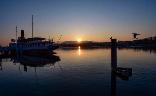 Sunrise Reflection Boat Calm Morning Landscape