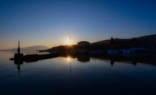 Sunset Port Calm City Reflection Light Water