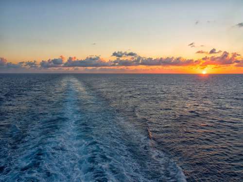 Sunset Cruise Ocean Clouds Ship Wake Wave