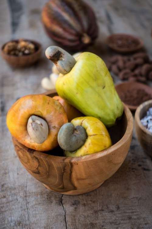 Raw cashew nuts fruit close up