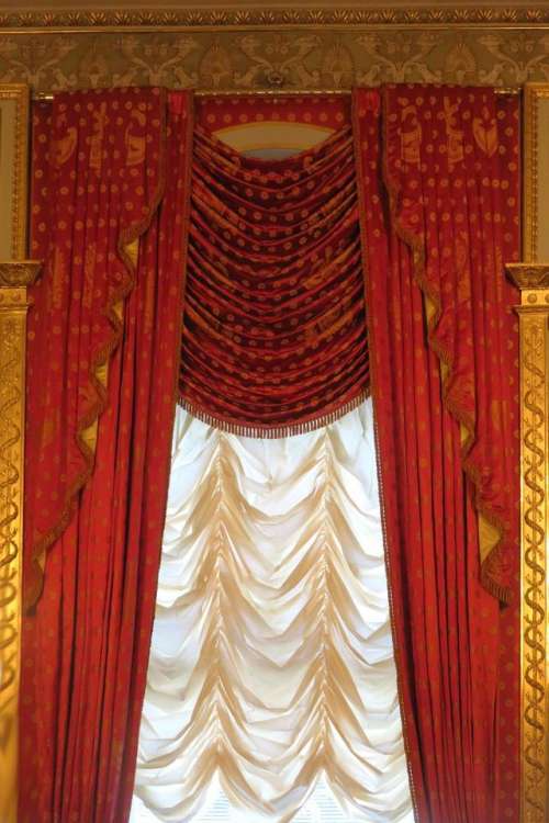 curtains red gold swags draperies