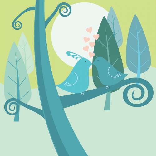 Birds Love Background Branch Cartoon Forest Heart