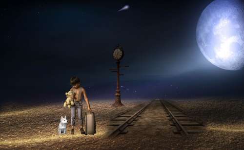 Fantasy Night Boy Alone Moon Rail Track Luggage