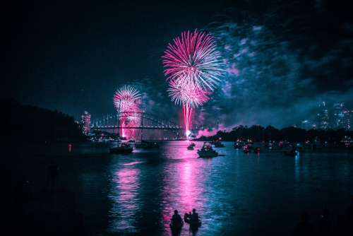Fireworks Harbour Blue Pink Night Celebration