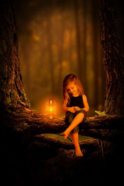 Forest Girl Child Light Kerosene Lamp Alone Run