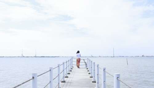 Girl Sea Pier Woman Quiet Calm Nature Water