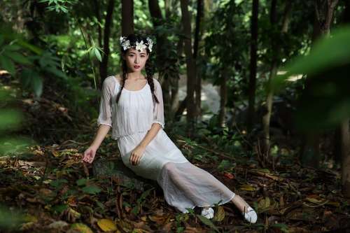 Girl Woman Lady White Dress Beauty Forest Flowers