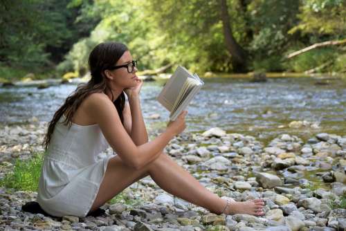 Girl Woman Read Book Sit Nature River Learn