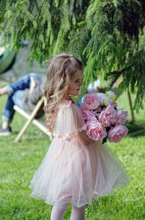 Girl Small Girlie Flowers Park Nature Conifer