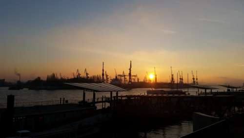 Hamburg Port Sunset Elbe Germany Container Water