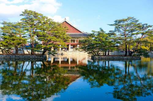 Lake Reflection Temple Korea Blue Sky Trees