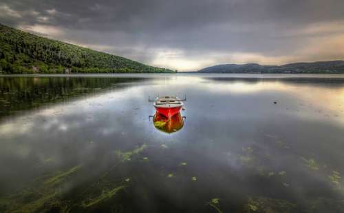 Lake Boat Red Sea Fishing Sky Landscape Summer