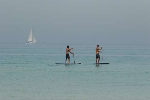 Men Sea Boat Sup Surfing Heat Wave