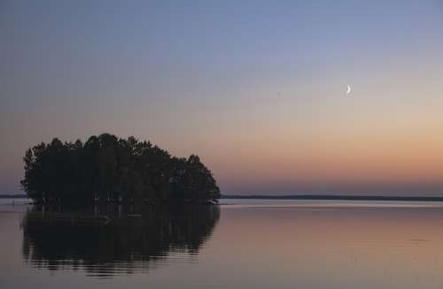 Night Evening Lake Island Horizon Water Sunset